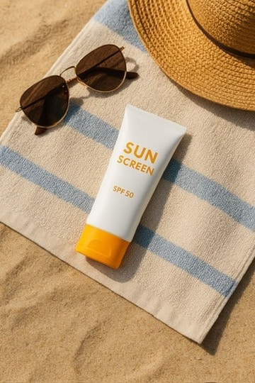 Solcreme SPF 50 sammen med solbriller og hat – essentiel beskyttelse af PMU i solen